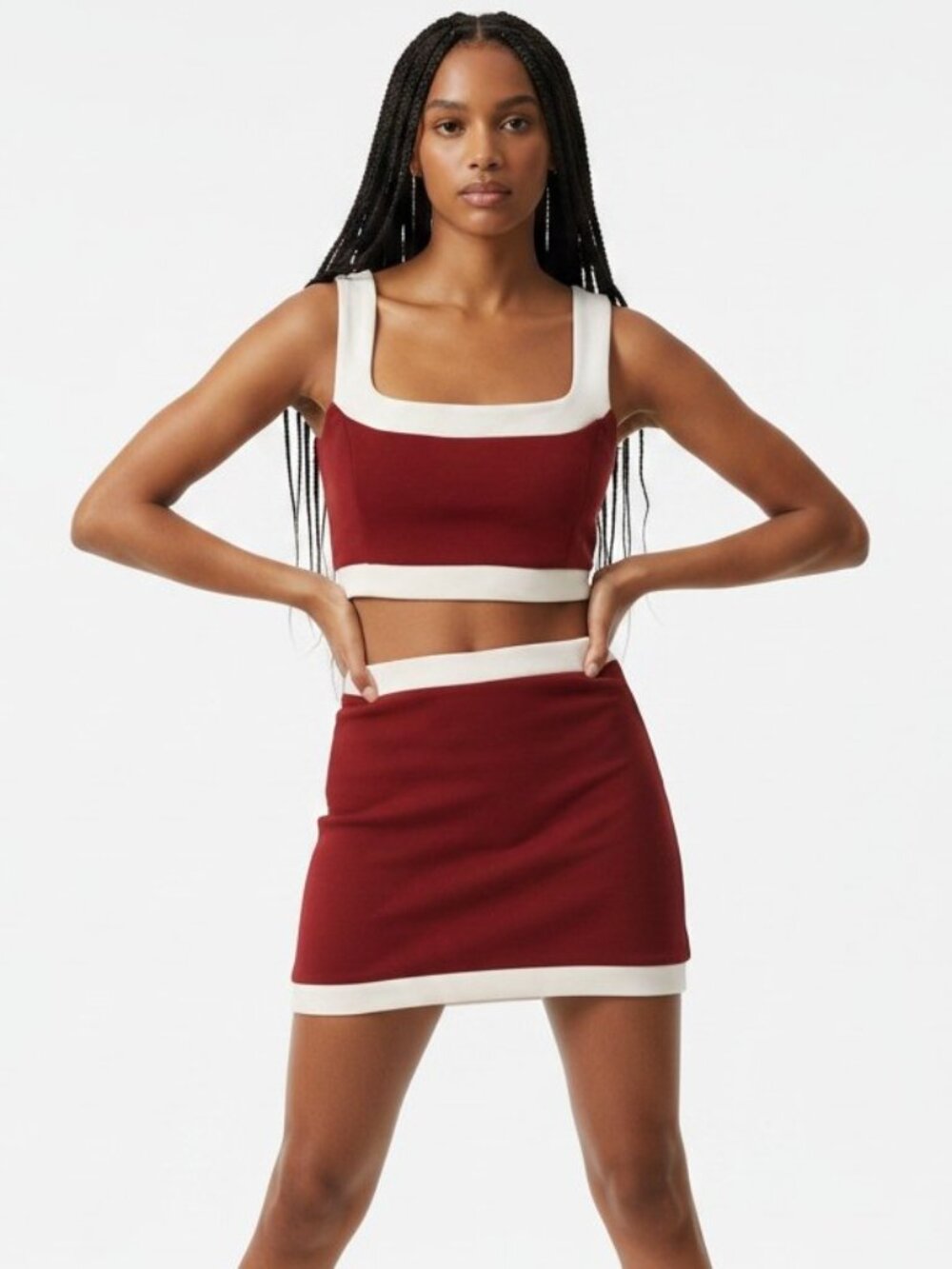 LENA Gameday Two Piece Crop Top Mini Skirt Set sz L Burgundy Red White